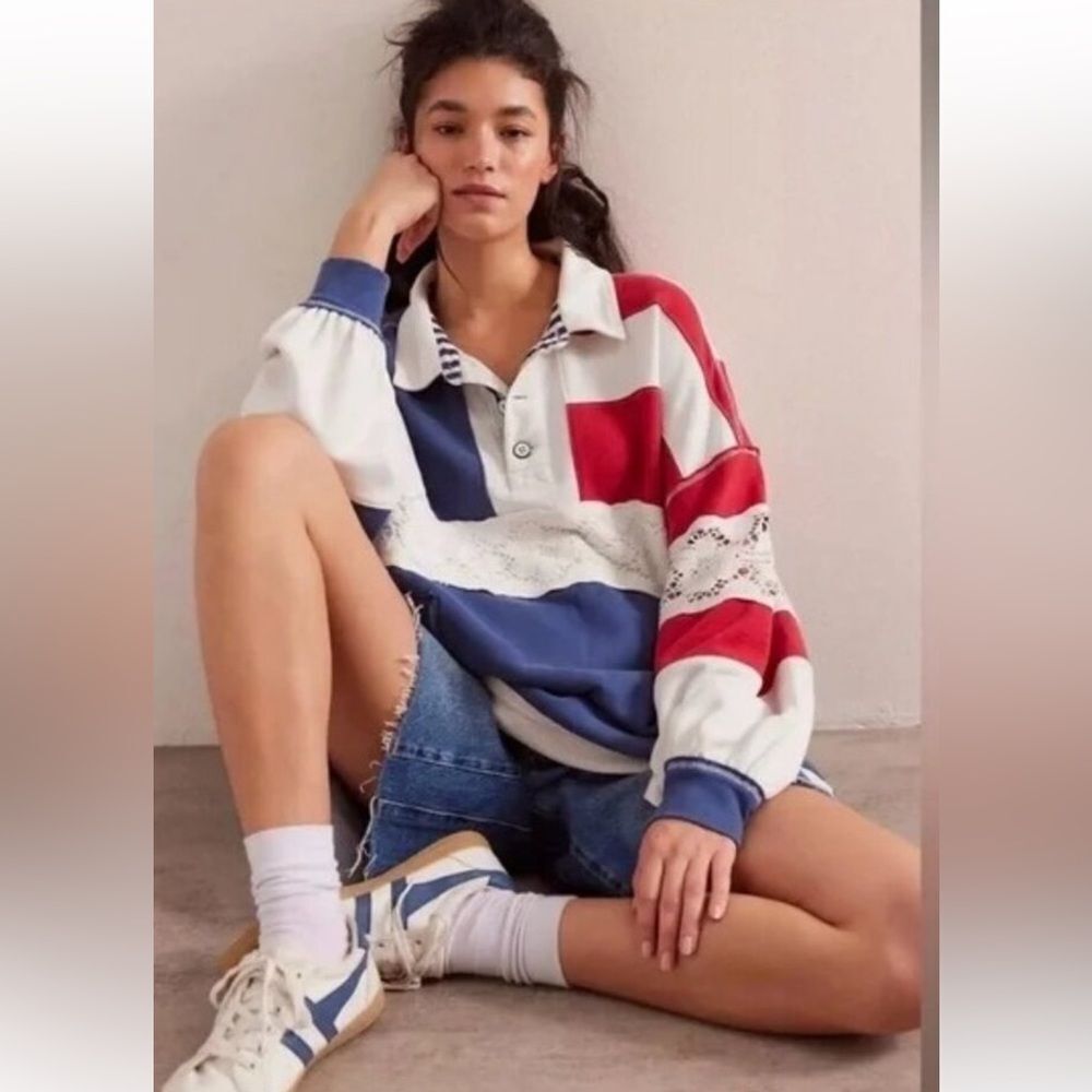 Free People We The Free American Dream Polo Pullover Top Striped